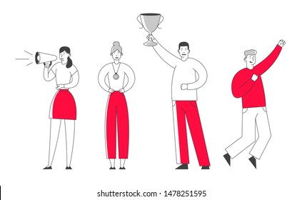 Business Team Celebrate Victory, Smiling Businessman Hold Winner Cup Stand on Winners Pedestal. Cheerful Men and Women Workers with Most Great Results Best Employee. Cartoon Flat Vector Illustration