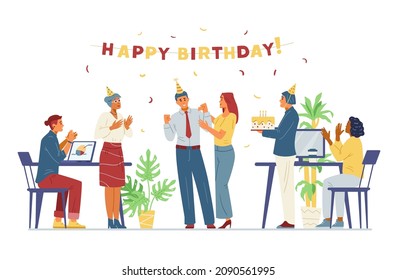 Business team celebrates colleague's birthday in the office flat vector illustration. Cheerful men and women congratulate coworker, applauding, bringing birthday cake. 