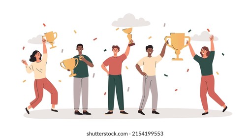 Business team celebrates success concept. Male and female entrepreneurs hold gold cups or awards and rejoice. Employees enjoy victory. Characters with trophy or prize. Cartoon flat vector illustration