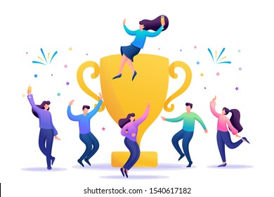 The business team celebrates success. People jump in and enjoy close to with a large Cup. Flat 2D character. Concept for web design