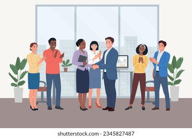 Business team celebrates successful project. Men and women in full height clapping  thanking or showing appreciation at event.  Vector cartoon flat style illustration