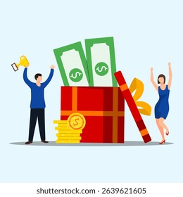 Business team celebrating with money inside big giftbox and stacks of coin. Reward and achievement on work concept.