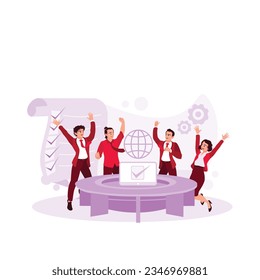 Business team celebrating success in collaboration working together, giving high five happily. Trend Modern vector flat illustration