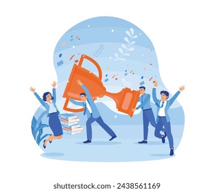 Business team celebrating success. Dancing and holding trophies under confetti. Successful Business Team concept. Flat vector illustration.