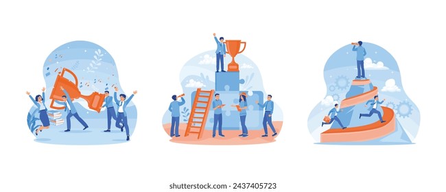 Business team celebrating success. Provides support to achieve success. Successful Business Team concept. Set flat vector illustration.