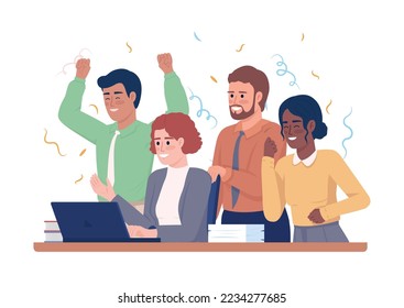 Business team celebrating success semi flat color vector characters. Finishing project. Editable figures. People on white. Simple cartoon style illustration for web graphic design and animation