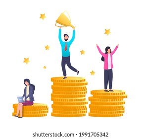 Business team celebrating victory. The best employee on the top of coin pile podium holding trophy award cup, flat vector illustration. Goal achievement, career growth, financial success.