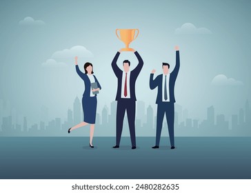 Business Team Celebrating Victory with Trophy Cup, business success and celebration.