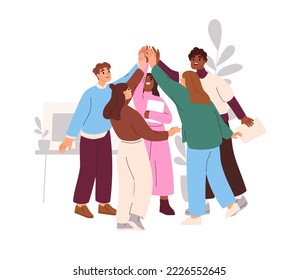 Business team celebrating work success in office together. Happy colleagues employees giving high five for corporate goal achievement. Flat graphic vector illustration isolated on white background