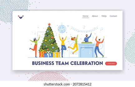 Business Team Celebration Landing Page Template. Characters Dance at Christmas Disco. Friends, Colleagues Celebrate New Year Party with Dj in Office or Night Club. Cartoon People Vector Illustration