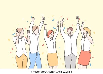 Business, team, celebration, success, goal achievement concept. Group of happy people businessmen women clerks managers celebrating victory together. Reaching purposes and corporate winning or party.