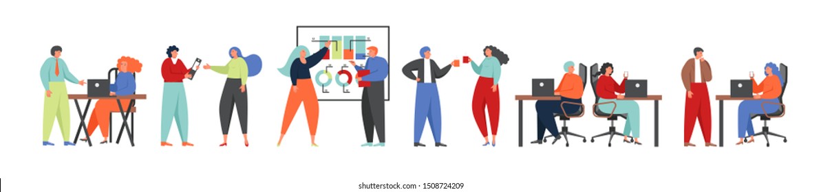 Business team characters discussing idea, debating, giving lecture, thinking, drinking coffee, working on laptop computers, vector flat isolated illustration. Teamwork, office scene collection. - Shutterstock ID 1508724209