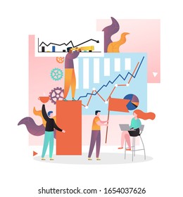 Business team characters with leader looking through telescope, vector illustration. Leadership, teamwork, vision concept for web banner, website page etc.