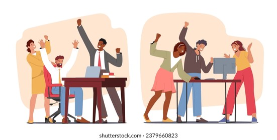 Business Team Characters Rejoices Near Their Computers, Celebrating Success With Smiles, And A Shared Sense Of Achievement, As They Conquer New Challenges Together. Cartoon People Vector Illustration