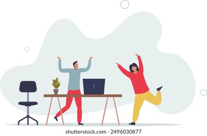 Business Team Characters Rejoices Near Their Computers, Celebrating Success.flat design.illustration with people.