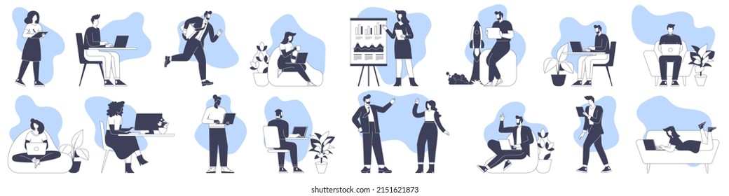 Business team characters working in office, co-working space or remotely at home, freelance, self-employment. Teamwork, office scene collection. Trendy vector style flat isolated illustration