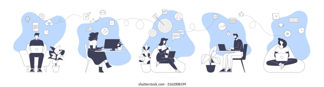 Business team characters working in office, co-working space or remotely at home, freelance, self-employment. Teamwork, office scene collection. Trendy vector style flat isolated illustration