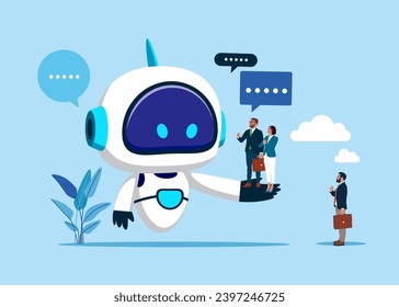 Equipo de negocios charlando con robots en mano robótica, haciendo preguntas y recibiendo respuestas. Ilustración vectorial plana