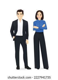 Business team. Cheerful business asian man and woman in blue suits standing isolated vector illustration.