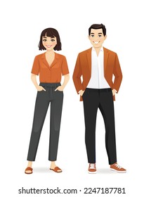 Business team. Cheerful business man and woman in casual style clothes standing isolated vector illustration.