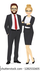 Business team. Cheerfull business man and woman with arms crossed isolated.