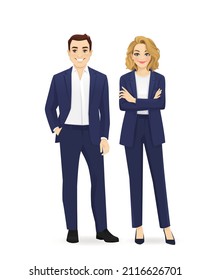 Business team. Cheerfull business man and woman in blue suits standing isolated vector illustration