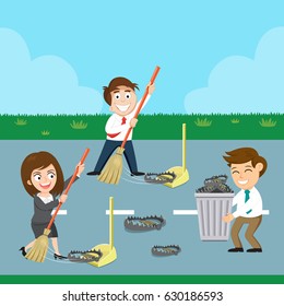 Business team cleaning up bear trap off road, vector illustration cartoon