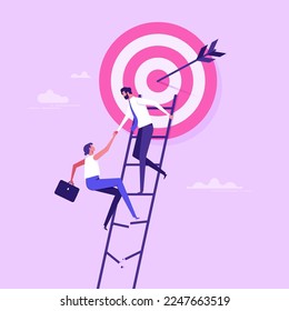 Business team climb broken ladder overcome obstacles, business team trying to reach target with arrow in center, goals achievement, aim, strategy, vector illustration