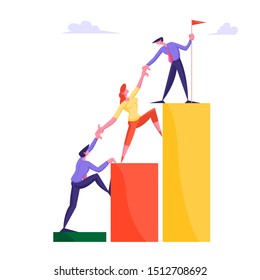 Business Team Climb Chart. Businesspeople Holding Hands Going Up on Growth Chart Graph Diagram. Leader Set Up Flag on Top. Success Career Performance, Investment. Cartoon Flat Vector Illustration