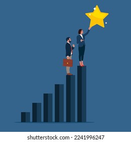 Business team climb up stair to the top to reaching to grab precious star reward. Reaching business goal. Modern flat vector illustration.