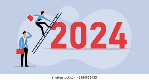 Business team climbed up ladder on giant numbers 2024 2D flat vector concept for banner, website, illustration, landing page, flyer, etc