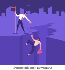 Business Team Climbing Up of Cleft. Businessman Giving Hand to Businesswoman Going Up on Cliff Top. Success Career Performance, Investment, Leadership Teamwork Concept. Cartoon Vector Illustration