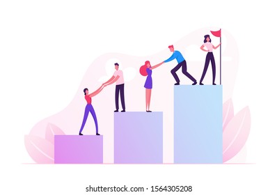 Business Team Climbing Up Column Chart with Leader Stand with Hoisted Red Flag on Top. Businessmen Pull Teammates Businesswomen to Peak Teamwork and Leadership Concept. Flat Vector Illustration