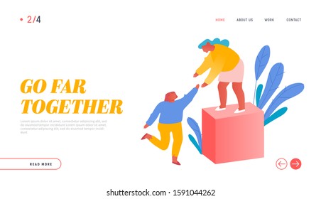Business Team Climbing Column Chart Website Landing Page. Businesspeople Holding Hands Going Up on Top of Growth Diagram. Career, Investment Success Web Page Banner. Cartoon Flat Vector Illustration