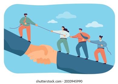 Business team climbing giant handshake with support of leader. Flat vector illustration. Cooperation of employees striving for success and career achievements. Leadership, teamwork, growth concept