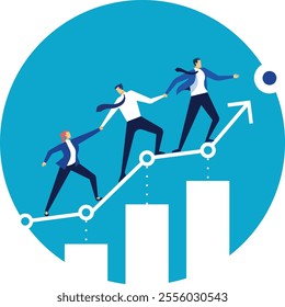 Business team climbing a growing chart, helping and supporting each other to achieve a common goal, symbolizing teamwork, collaboration, and success in business