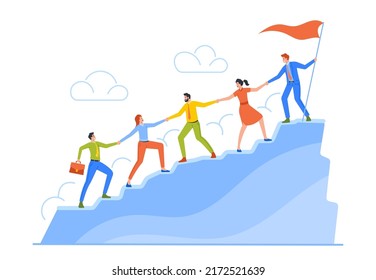 Business Team Climbing Up Mountain with Leader Stand on Top with Hoisted Red Flag. Businesspeople Pull Teammates to Peak of Success. Teamwork and Leadership Concept. Cartoon Vector Illustration