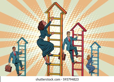 Business team climbs up the stairs. Pop art retro vector illustration