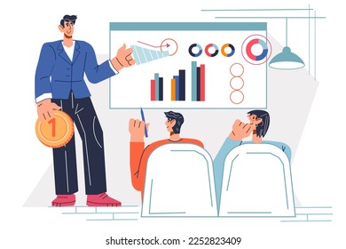 Business team coaching or skill training. Business report presentation or conference, flat cartoon vector illustration isolated on white background.