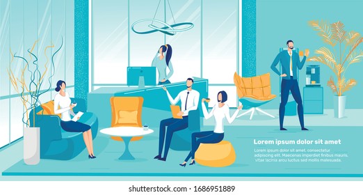 Business Team Coffee Break On Modern Office Background. People Drinking Hot Drink In Lunch Time And Friendly Communication. Favorable Comfortable Working Environment. Flat Vector Illustration.