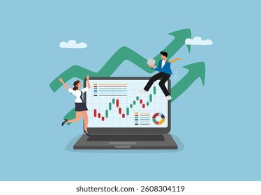 Business Team Collaborating and Analyzing Financial Performance Metrics on a Laptop Dashboard with Candlestick Chart, Growth Arrows, and Data Visualization Elements for Digital Marketing, Investment.