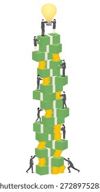 Business Team Zusammenarbeit, um einen massiven Wolkenkratzer Stapel von Geld-und Goldmünzen mit kreativen Idee Glühbirne für Erfolg und Skalierung Konzept zu bauen.