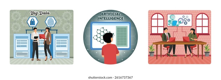Business team collaborating on big data with a focus on security. Man using a computer interface with artificial intelligence. Two colleagues in a lively office discussing projects using AI technology