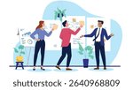 Business team collaborating on a project workshop, brainstorming ideas, analysing data, and managing tasks on whiteboards with sticky notes. Flat design vector illustration