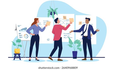 Business team collaborating on a project workshop, brainstorming ideas, analysing data, and managing tasks on whiteboards with sticky notes. Flat design vector illustration