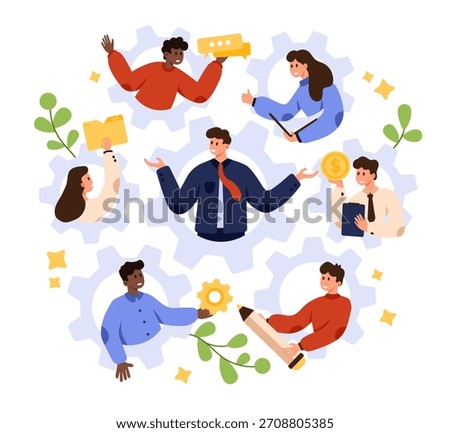 Business team collaborating on project management, resource allocation, and effective task delegation, surrounded by gears and office elements, isolated on white background vector illustration
