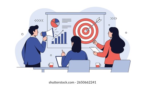 Business team collaborating on a strategy meeting presenting growth charts and a target bullseye illustration