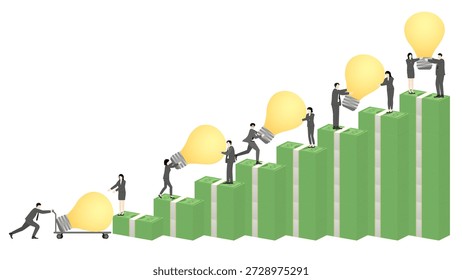 Business Team Collaborating to Place Creative Idea Lightbulbs on Rising Banknote Staircase for Continuous Growth and Innovation Success Concept.