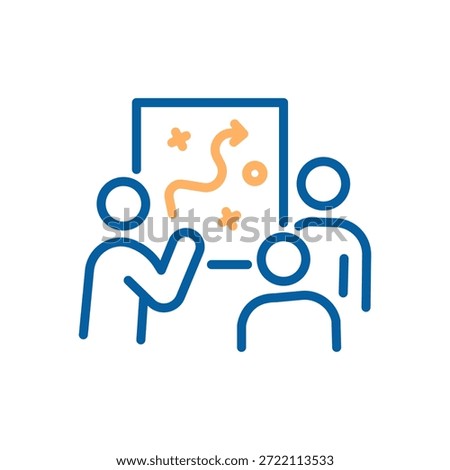 Business team collaborating at a whiteboard on marketing strategy and planning, coaching and brainstorming for project goals and growth. Thin line icon editable stroke