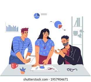 Business team collaboration and cooperation, analytics and teamwork. Brainstorming creative team idea discussion. Colleagues working together, flat vector illustration on white background.